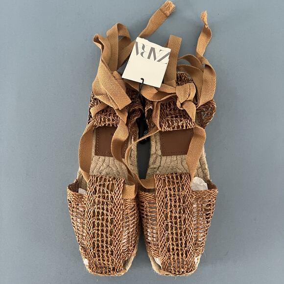 NWT Zara Woven Gladiator Lace Up Brown Espadrille Sandals - Picture 6 of 9